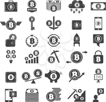 Monochrome symbols of virtual money. Electronic blockchain industry. Web wallets and other icons of crypto business. Money virtual and digital, payment cryptocurrency bitcoin. Vector illustration