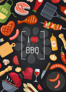 Vector barbecue or grill illustration with coking elements on chalkboard