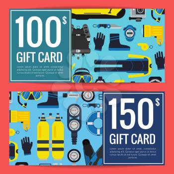 Vector underwater diving equipment discount or gift card templates illustration