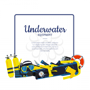 Vector underwater diving elements pile below frame with place for text illustration