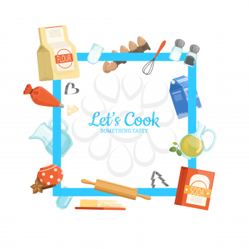 Vector frame with place for text and cooking ingridients or groceries around illustration