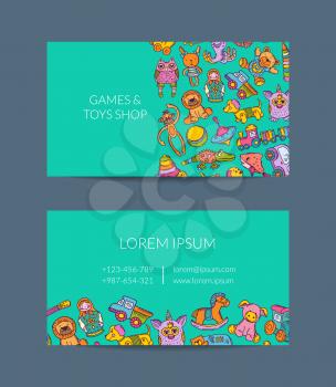 Vector business card template for shop, kindergarten with hand drawn kid toys elements illustration