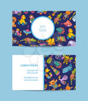 Vector business card template for shop, kindergarten with hand drawn kid toys elements illustration