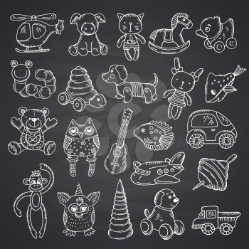 Vector kid toys set hand drawn and isolated on black chalkboard background illustration