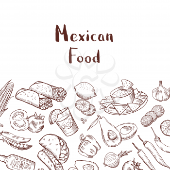 Vector banner with sketched mexican food elements background with place for text illustration