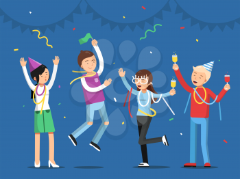 Funny people celebrating on the party. Mascot designs in flat style. Party and celebration, people dance and joy. Vector illustration