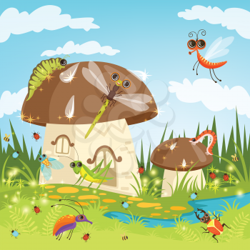 Fairytale landscape with funny insects. Vector fairytale landscape with insect and mushroom house illustration