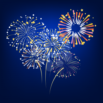 Vector bunch of colorful fireworks exploding on gradient background ilustration