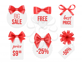 Tags with ribbons. Promo badges with red and golden satin silk bows advertizing template for big celebration sales vector pictures. Illustration of ribbon tag badge, silk bow form