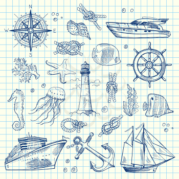 Vector sketched sea elements of set on notebook cell sheet illustration