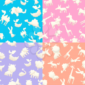 Weather patterns with clouds. Seamless patterns with clouds of different shapes. Background shape animal clouds, unicorn and giraffe illustration