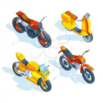Motorcycles isometric. 3d vector pictures of transport. Motorbike transport, bike and motorcycle, transportation two-wheeled. Vector illustration