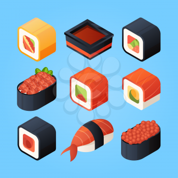 Asian isometric food. Sushi, rolls and other japan food. Japanese asian, sushi rice, japan traditional menu. Vector illustration