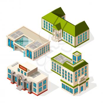 School buildings. Isometric 3d pictures of school or institute buildings. Vector building isometric, school architecture, university college house illustration