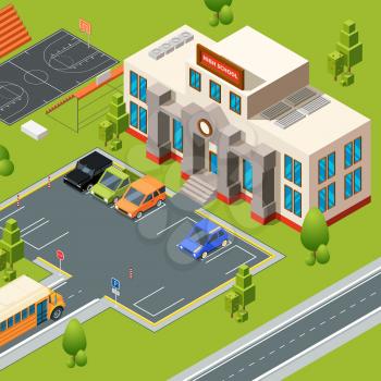 Exterior of school. Territory of institute or high school with stadium. Isometric building school and college, education territory. Vector illustration