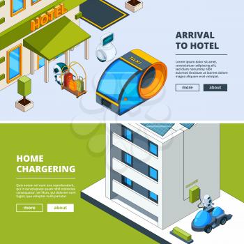 Futuristic transport and robots. Banners template with isometric low poly city of future. Car vehicle transportation, transport auto. Vector illustration