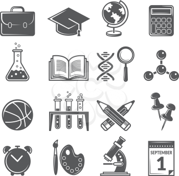 Back to school icons. Monochrome school symbols isolate. Education science, teaching icon set, globe and palette. Vector illustration