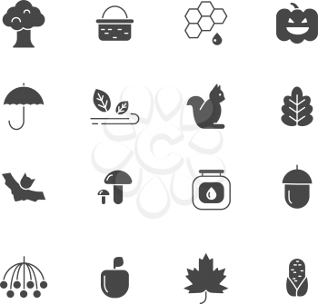 Autumn symbols. Vector monochrome icons set of autumn. illustration of plant and basket, rowan and tree