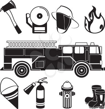Monochrome illustrations of fireman tools in fire station department. Equipment for firefighter, protection and extinguisher vector
