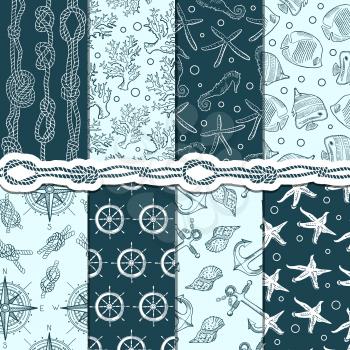 Different seamless patterns set of marine and nautical elements. Vector stripes, anchors and ropes. Sea and marine pattern background, anchor and rope illustration