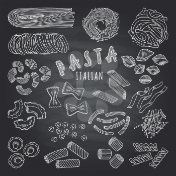 Types of itallian pasta. Hand drawn pictures on dark background. Icons set for restaurant menu. Pasta italian sketch, spaghetti drawing illustration