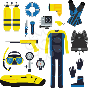 Diver and set elements for underwater sport. Illustrations of diving in flat style. Underwater equipment scuba and mask, snorkeling and tube