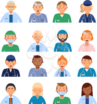 Male and female medical characters in different professional clothes. Peoples in hospital avatar set. Professional doctor specialist, medicine physician illustration