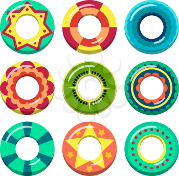 Lifeguard swimming rings in different colors. Vector illustrations of inflatable toys. Rubber ring toy for swim water