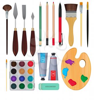 Different materials for artists. Equipment for painting. Vector illustration. Equipment and tool for drawing paint, color palette watercolor