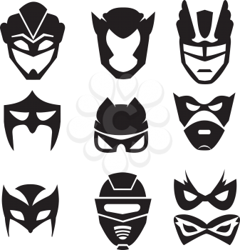 Black silhouette of superheroes masks. Vector monochrome illustrations set isolated. Silhouette black superhero mask for powerful character hero