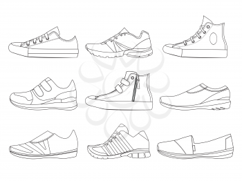 Illustrations of teenage shoes in linear style. Vector pictures of boots and sneakers. Set of shoes teenage linear style