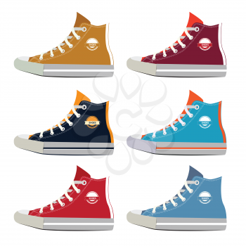 Different colors of teenage sport sneakers. Vector pictures set in cartoon style. Fashion footwear for walking and training, rubber sneakers illustration