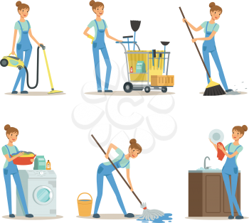 Professional cleaning service. Woman cleaner make some housework. House worker female person, housekeeping concept illustration
