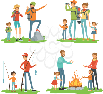 Happy family hiking. Travelling children with their parents. Illustrations of camping and road trip. Family vacation and travel