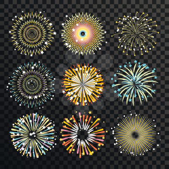 Gigantic fireworks with big explosion. Flame burst. Vector illustrations set isolate on transparent background. Explosion firework light and sparkle