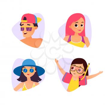 Set of summer cartoon avatars. Cartoon style people face, vector illustration