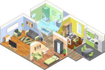 3d interior of modern house with kitchen, living room, bathroom and bedroom. Isometric illustrations set. Apartment isometric bathroom and dining room vector