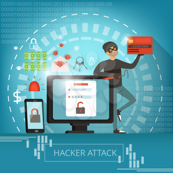 Concept illustration of computer crime and hacker mascot. Vector pictures computer and malware, mail trojan and robber hacker