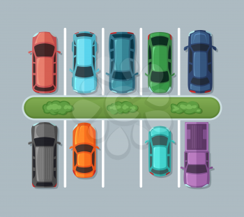Top view parking cars on asphalt in urban map. Automobiles in the garage. Vector pictures car on parking illustration