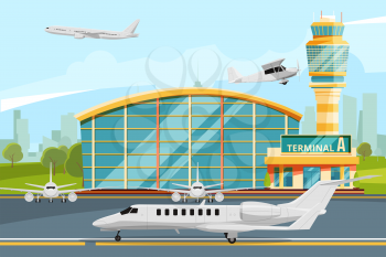 Modern building of airport terminal with control tower. Runway with planes. Airplane on runway, building airport terminal. Vector illustration