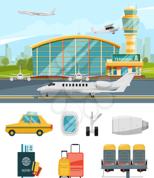 Airport terminal illustration, aircraft and different specific icons set. Airport with airplane, terminal with plane