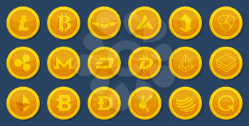 Different coins of crypto currency. Virtual electronic money. Bitcoin pictures in cartoon style. Cryptocurrency golden coin money bitcoin and litecoin, vector illustration