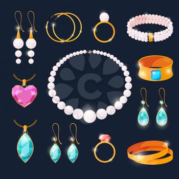Luxury jewels set. Rings with diamonds and other jewelry. Vector illustrations in cartoon style. Jewelry diamond, fashion precious necklace
