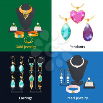 Jewelry shop with different luxury accessories. Sapphire, diamond and golden bracelet. Diamond and brilliant, pearl and jewellery, vector illustration