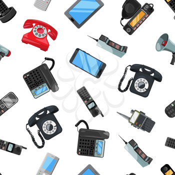 Seamless pattern of different telephones. Vector portable radio and mobile phone seamless background illustration