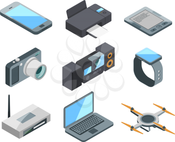 Computer, laptop, smartphone and other electronic gadgets isolated. Colored vector pictures in isometric style. Smartphone and gadget, printer and quadrocopter. Vector illustration