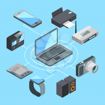 Wireless or wifi connection near laptop and other computer gadgets. Modem and router computer gadget connection, vector illustration