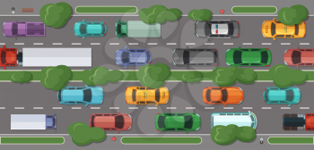 Vector highway with a lot of cars and vehicles with grass and trees dividing and on sidelines top view illustration
