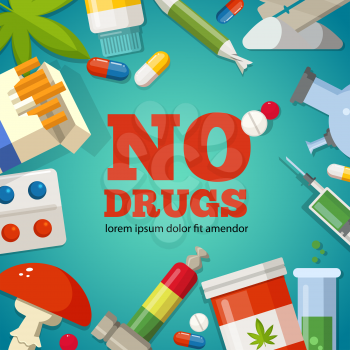 Poster with promotion of the health. Pharmaceutical pictures. No drugs and narcotic stop, danger and forbidden, marijuana ecstasy and illicit illustration