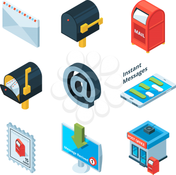 Diffrent postal symbols. Isometric pictures of mailbox, latters and email sign. Mailbox and postbox for mailing, envelope and e-mail. Vector illustration